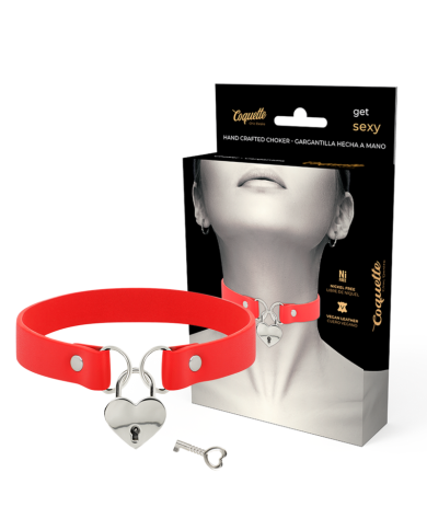 COQUETTE CHIC DESIRE COLLAR CUERO VEGANO ROJO ACCESORIO CORAZON CON LLAVE
