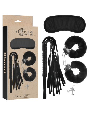 INTENSE FETISH SET EROTICO 1 CON ESPOSAS ANTIFAZ Y LATIGO DE CUERO VEGANO