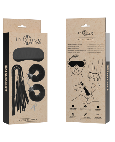 INTENSE FETISH SET EROTICO 1 CON ESPOSAS ANTIFAZ Y LATIGO DE CUERO VEGANO