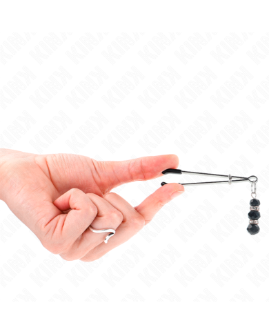 KINK PINZAS PARA PEZONES PLATEADA FINA CON TRIPLE BOLA DE VIDRIO NEGRO 7 CM