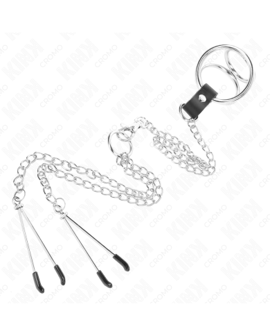 KINK ANILLO PENE TRIPLE METAL CROMADO 3 CM A 45 CM CON CADENA METAL 26 CM Y PINZAS PARA PEZONES
