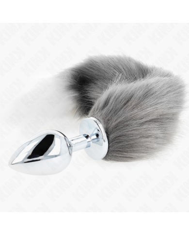 KINK PLUG ANAL TALLA L 10 X 4 CM CON COLA SINTETICA 40 CM PLATEADO Y BLANCO