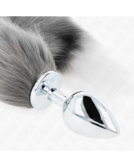 KINK PLUG ANAL TALLA L 10 X 4 CM CON COLA SINTETICA 40 CM PLATEADO Y BLANCO