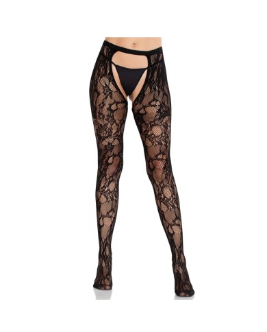LEG AVENUE MEDIAS DE ENCAJE DE ROSAS CON PARTE TRASERA ABIERTA NEGRO