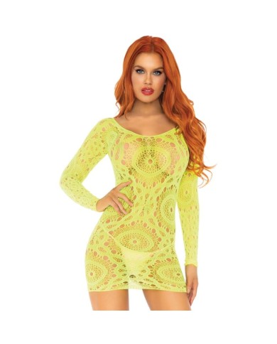 LEG AVENUE MINI VESTIDO DE ENCAJES MANGA LARGA NEON TALLA UNICA