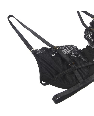 SUBBLIME SET DE 3 PIEZAS SUJETADOR TANGA LIGA ENCAJE NEGRO S M
