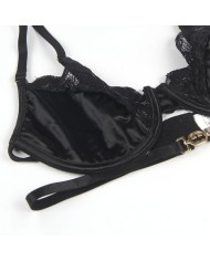 SUBBLIME SET DE 3 PIEZAS SUJETADOR TANGA LIGA ENCAJE NEGRO S M