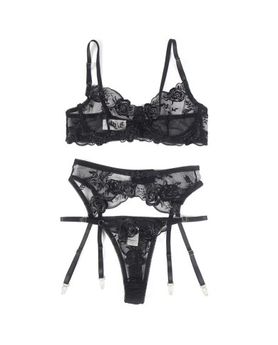 SUBBLIME SET DE 3 PIEZAS SUJETADOR TANGA LIGA ESTAMPADO FLORAL NEGRO S M
