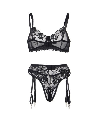 SUBBLIME SET DE 3 PIEZAS SUJETADOR TANGA LIGA ESTAMPADO FLORAL NEGRO S M