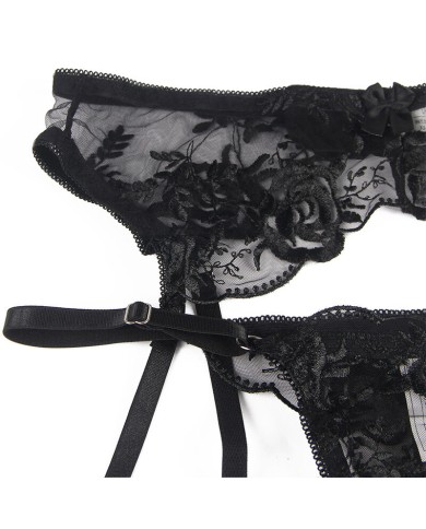 SUBBLIME SET DE 3 PIEZAS SUJETADOR TANGA LIGA ESTAMPADO FLORAL NEGRO S M