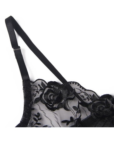 SUBBLIME SET DE 3 PIEZAS SUJETADOR TANGA LIGA ESTAMPADO FLORAL NEGRO S M