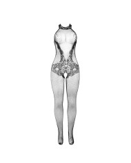 SUBBLIME 951801 BODYSTOCKING CROTCHLESS DE REJILLA Y ENCAJE CON CUELLO ALTO NEGRO TALLA UNICA