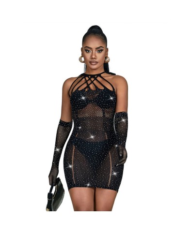 SUBBLIME 952235 VESTIDO DE REJILLA CON BRILLANTES NEGRO TALLA UNICA