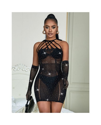 SUBBLIME 952235 VESTIDO DE REJILLA CON BRILLANTES NEGRO TALLA UNICA