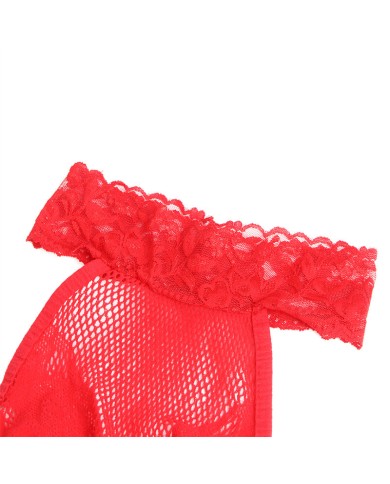 SUBBLIME 952372 BODYSTOCKING CROTCHLESS DE REJILLA Y ENCAJE CON CUELLO ALTO ROJO TALLA UNICA