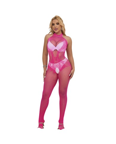 SUBBLIME 952389 BODYSTOCKING CROTCHLESS DE REJILLA Y ENCAJE CON CUELLO ALTO ROSA TALLA UNICA