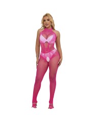 SUBBLIME 952389 BODYSTOCKING CROTCHLESS DE REJILLA Y ENCAJE CON CUELLO ALTO ROSA TALLA UNICA