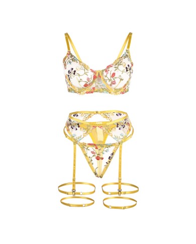 SUBBLIME 954345 SUJETADOR TANGA LIGUEROS DISENO FLORAL AMARILLO S M