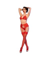 CHILIROSE CR 4848 SET SUJETADOR TANGA MEDIAS DE ENCAJE ROJO S