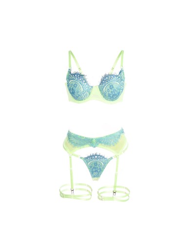 SUBBLIME 955328 SET SUJETADOR CON ENCAJE Y LIGUEROS VERDE Y AZUL L XL
