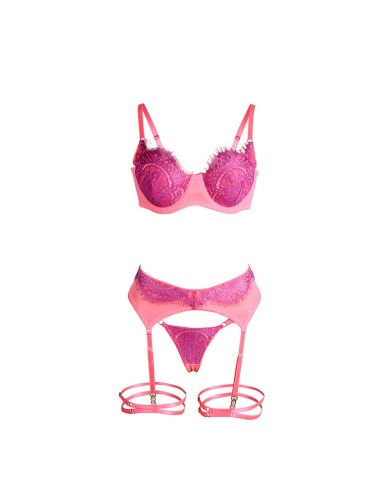 SUBBLIME 955366 SET SUJETADOR CON ENCAJE Y LIGUEROS ROSA Y MORADO L XL