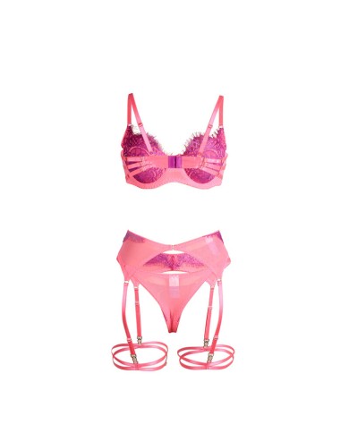 SUBBLIME 955366 SET SUJETADOR CON ENCAJE Y LIGUEROS ROSA Y MORADO L XL