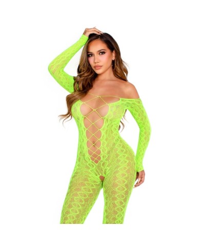 LEG AVENUE BODYSTOCKING SIN ENTREPIERNA DE ENCAJE DE SERPIENTE EXOTICA VERDE NEON