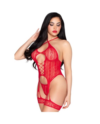LEG AVENUE 89338 SET BODY ABIERTO CON LIGUERO TANGA DE ENCAJE ROJO TALLA UNICA