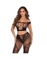 LEG AVENUE CROP TOP Y LEGGING DE REJILLA CON HOMBROS DESCUBIERTOS NEGRO