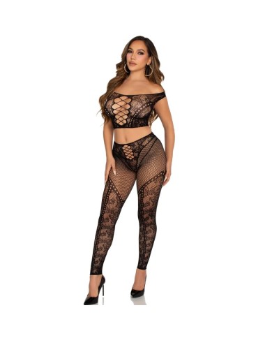 LEG AVENUE CROP TOP Y LEGGING DE REJILLA CON HOMBROS DESCUBIERTOS NEGRO