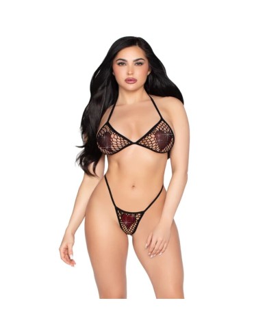 LEG AVENUE 86147 TOP DE BRA DE RED Y PANTY G STRING NEGRO TALLA UNICA