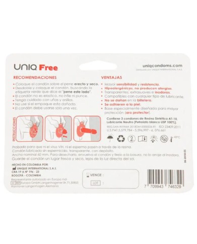 UNIQ FREE PRESERVATIVOS CON ARO PROTECTOR SIN LATEX 3 UNIDADES