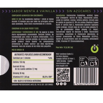 WUG on El chicle funcional con cafeina y guarana sabor menta vainilla BLISTER 8 UDS