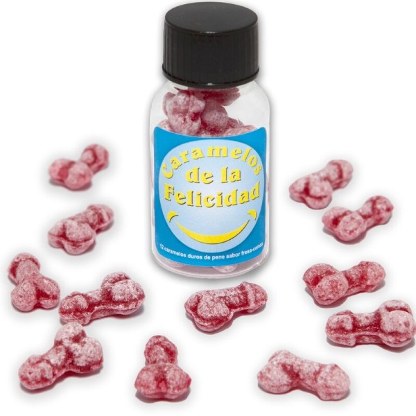 DIABLO PICANTE BOTE 12 CARAMELOS DE LA FELICIDAD FORMA PENE FRESA CEREZA