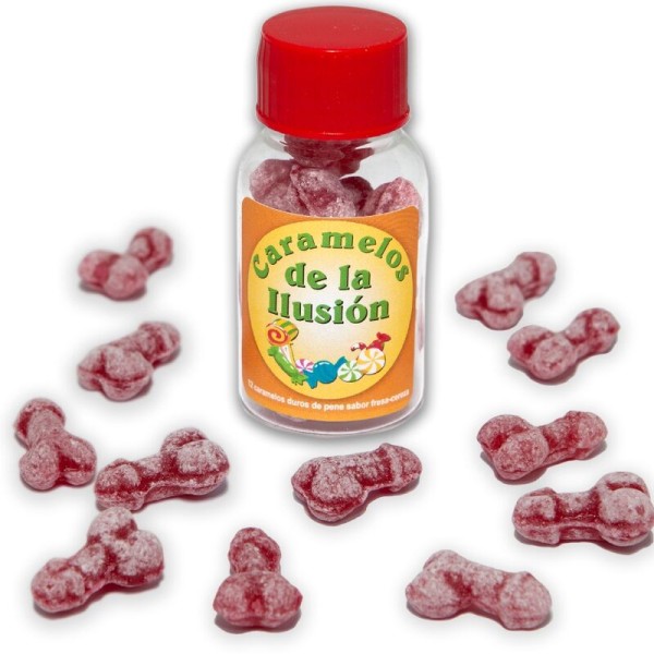 DIABLO PICANTE 12 CARAMELOS DE LA ILUSION FORMA PENE FRESA CEREZA