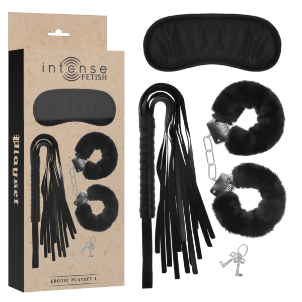 INTENSE FETISH SET EROTICO 1 CON ESPOSAS ANTIFAZ Y LATIGO DE CUERO VEGANO