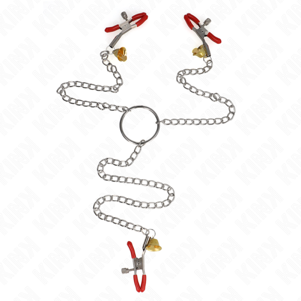 KINK PINZAS PARA PEZONES Y CLITORIS ROJAS CON CASCABEL DORADO Y CADENA 30 CM