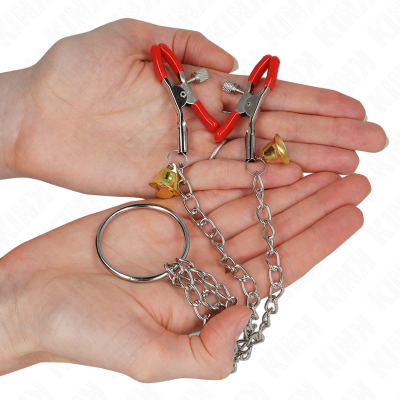 KINK PINZAS PARA PEZONES Y CLITORIS ROJAS CON CASCABEL DORADO Y CADENA 30 CM