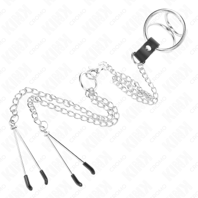 KINK ANILLO PENE TRIPLE METAL CROMADO 3 CM A 45 CM CON CADENA METAL 26 CM Y PINZAS PARA PEZONES