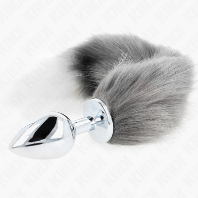 KINK PLUG ANAL TALLA L 10 X 4 CM CON COLA SINTETICA 40 CM PLATEADO Y BLANCO