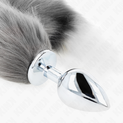 KINK PLUG ANAL TALLA L 10 X 4 CM CON COLA SINTETICA 40 CM PLATEADO Y BLANCO