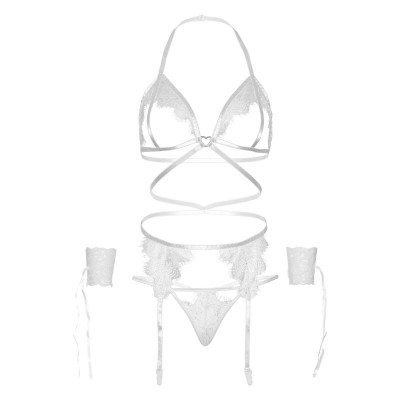 LEG AVENUE SET CUATRO PIEZAS SUJETADOR LIGUERO TANGA Y PUNOS TALLA UNICA BLANCO
