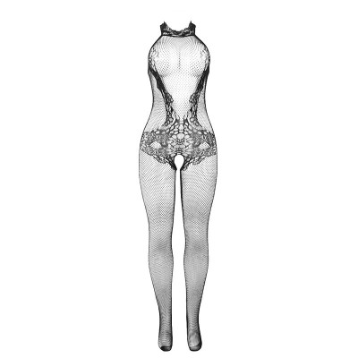 SUBBLIME 951801 BODYSTOCKING CROTCHLESS DE REJILLA Y ENCAJE CON CUELLO ALTO NEGRO TALLA UNICA