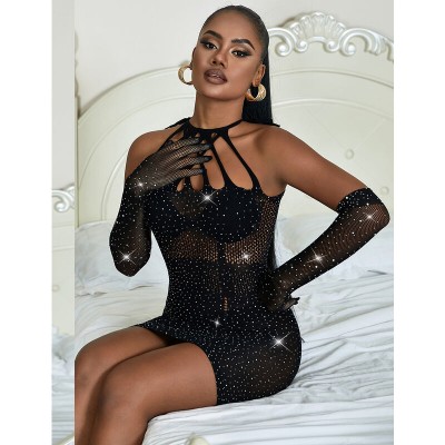 SUBBLIME 952235 VESTIDO DE REJILLA CON BRILLANTES NEGRO TALLA UNICA