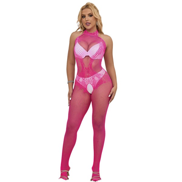 SUBBLIME 952389 BODYSTOCKING CROTCHLESS DE REJILLA Y ENCAJE CON CUELLO ALTO ROSA TALLA UNICA