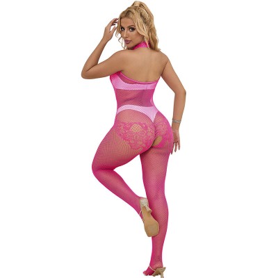 SUBBLIME 952389 BODYSTOCKING CROTCHLESS DE REJILLA Y ENCAJE CON CUELLO ALTO ROSA TALLA UNICA