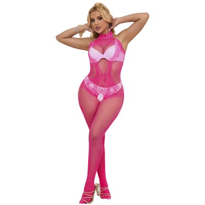 SUBBLIME 952389 BODYSTOCKING CROTCHLESS DE REJILLA Y ENCAJE CON CUELLO ALTO ROSA TALLA UNICA