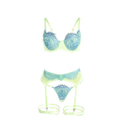 SUBBLIME 955328 SET SUJETADOR CON ENCAJE Y LIGUEROS VERDE Y AZUL L XL