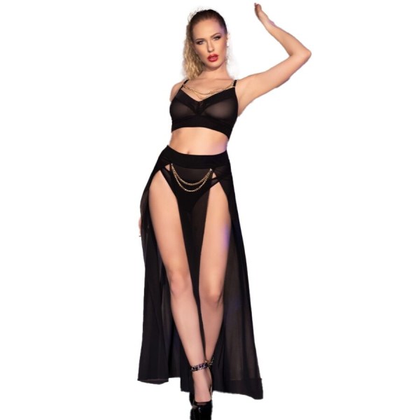 CHILIROSE CR 4672 TOP NEGRO FALDA Y TANGA CON CADENAS DORADAS S