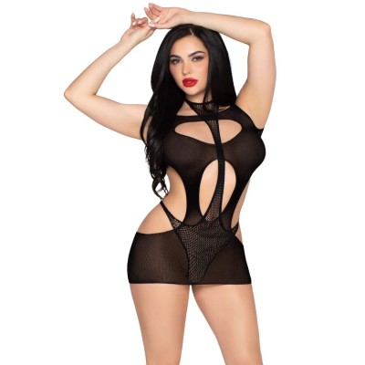LEG AVENUE 81680 MINI VESTIDO OPACO Y TEDDY HALTER NEGRO TALLA UNICA